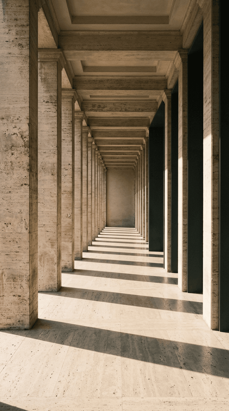 Travertine colonnade with long afternoon shadows