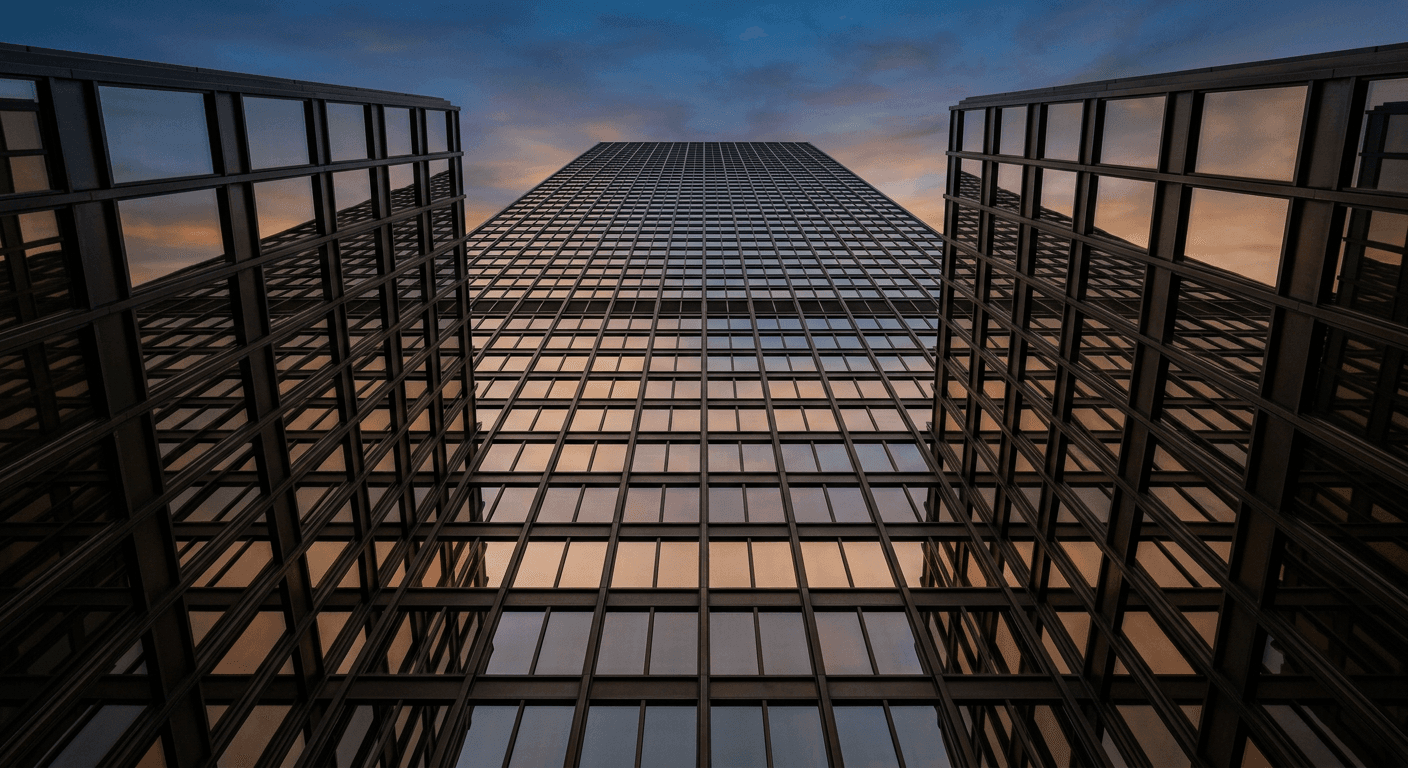 Bronze and glass facade grid at dusk