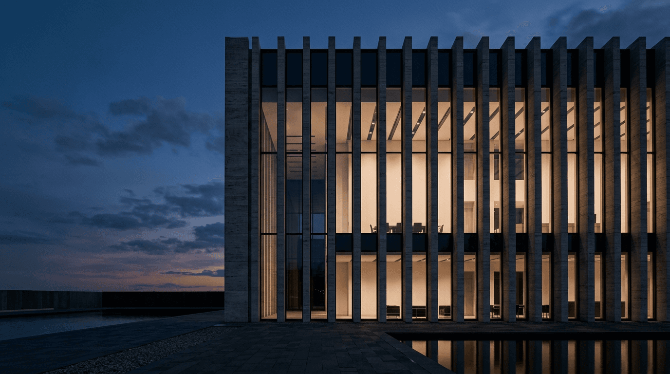 Stone-finned modernist building glowing with warm interior light at dusk