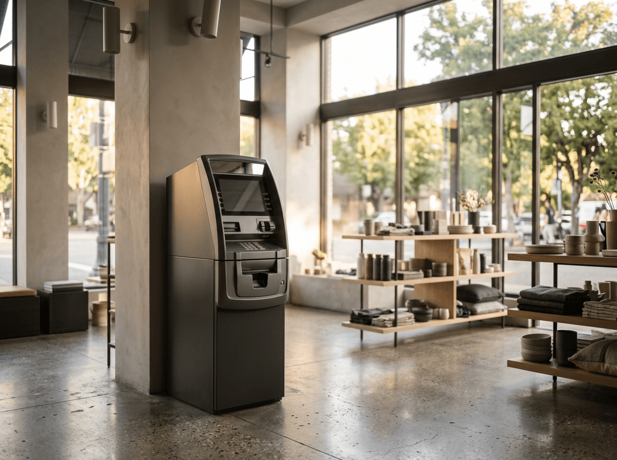 Illustrative image of a freestanding ATM inside a retail store