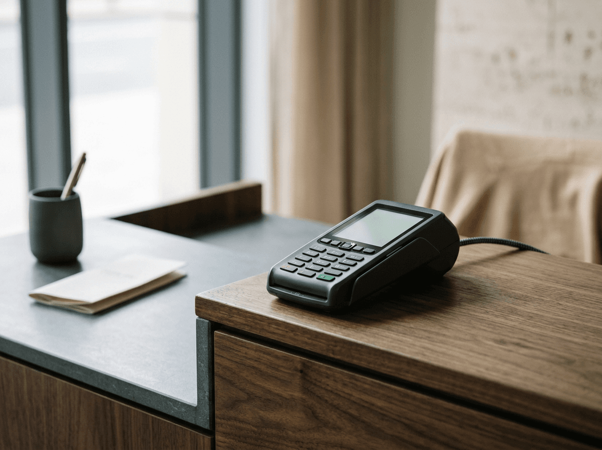 Illustrative image of a card payment terminal on a business counter